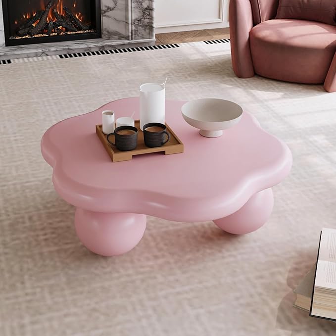 35" Cloud Coffee Table with 3 Ball Legs, Modern Minimalist Petal Center Table for Living Room, Low Cute Small MDF Tea Table for Bedroom, Small Space Apartment-Pink