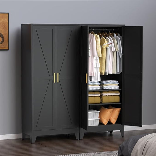 71" Heavy Duty Steel Armoire Wardrobe Closet, Black Metal Clothing Storage Cabinet with 2 Magnetic Doors & Adjustable Shelves, Waterproof Hanging Rod Cabinet (Black)