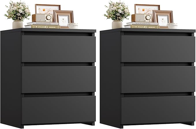 FOTOSOK Nightstand Set of 2 Black Nightstand with 3 Drawers, Black Bedside Table Night Stand for Bedroom with Cut-Out Handle, Sofa Side Table 3 Drawer Nightstand for Bedroom, 17.7W*15D*21.7H by FOTOSOK