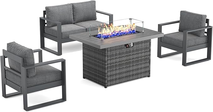 Outdoor Aluminum Furniture Set with Fire Pit Table - 4 Pieces Modern Patio Conversation Sets Metal Sectional Sofa Set