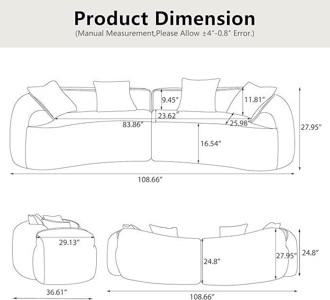 109-Inch Curved Boneless Sofa Couches Compressed 4-Seat Foam Couch for Living Room Bedroom, Boneless Modular Cloud Sofa Curved Floor Couch with 4 Pillows, No Assembly