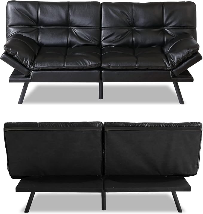 Opoiar Futon Sofa Bed Couch with Frame and Mattress,Black Faxu Memory Foam Leather Futon Split seat, Folding Modern Sleeper Sofa Love seat for Small Space/Drom/Office/Apartment