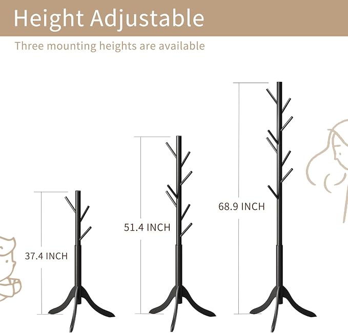 Coat Rack Freestanding, Coat Stands Entryway, Bamboo Coat Rack Hat Hanger 8 Hook for Jacket, Purse, Scarf Rack, Umbrella Tree Stand (Black) - Image 8