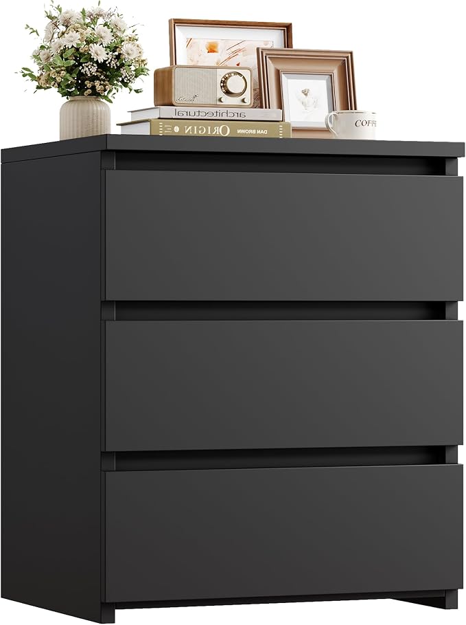 FOTOSOK Black Nightstand with 3 Drawers, Black Bedside Table Night Stand for Bedroom with Cut-Out Handle, Sofa Side Table 3 Drawer Nightstand for Bedroom, 17.7W*15D*21.7H - Image 10