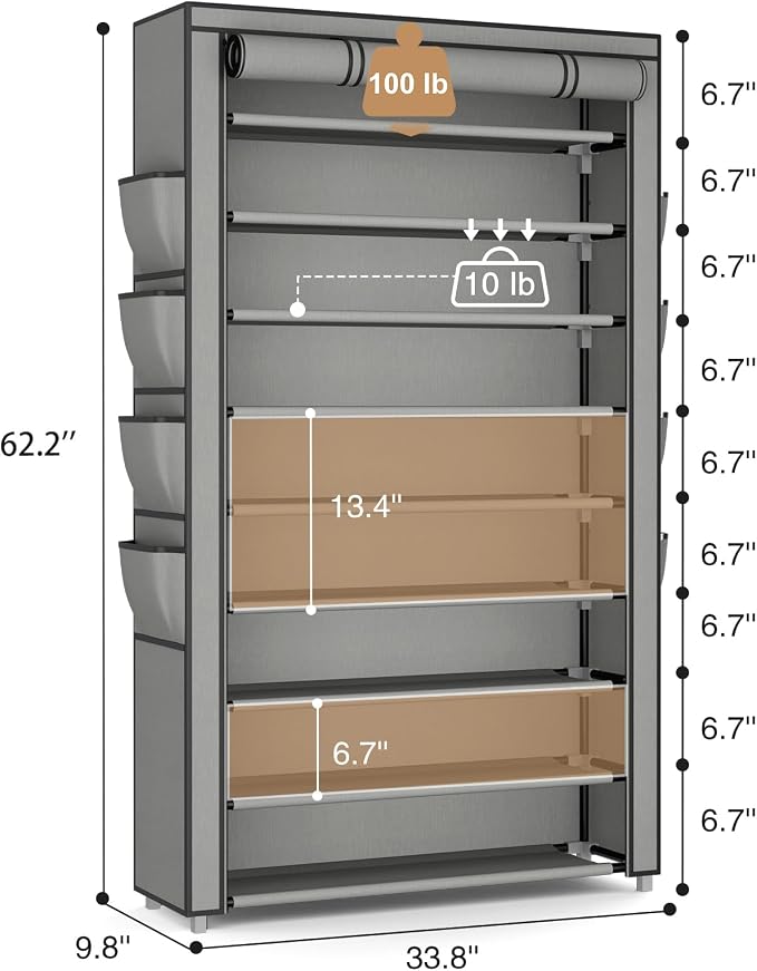 Shoe Rack with Cover, 10 Tier Shoe Organizer Storage for 40-50 Pairs Sneaker and Boots, Large Capacity, with 8 Pockets, Free Standing Tall Shoe Rack for Front Door Entrance, Closet, Grey - Image 3