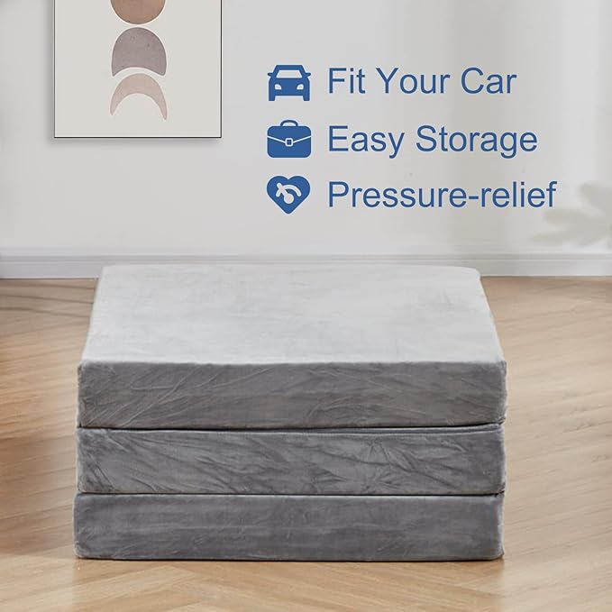 SINWEEK 3.95in Queen Folding Topper with Storage Bag - Foldable Trifold Floor Mat Topper, CertiPUR-US Certified Guest Sleeping Pad, Machine Washable Cover