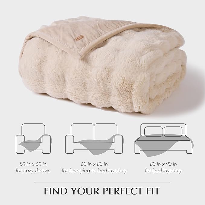 EverGrace Ultra Soft Luxury Fluffy Faux Rabbit Fur Throw Blanket, Thick Warm Bubble Throw for Bed, Cozy Plush Reversible Blankets for Couch, Chair, Sofa, Cream, 80x90 Inches