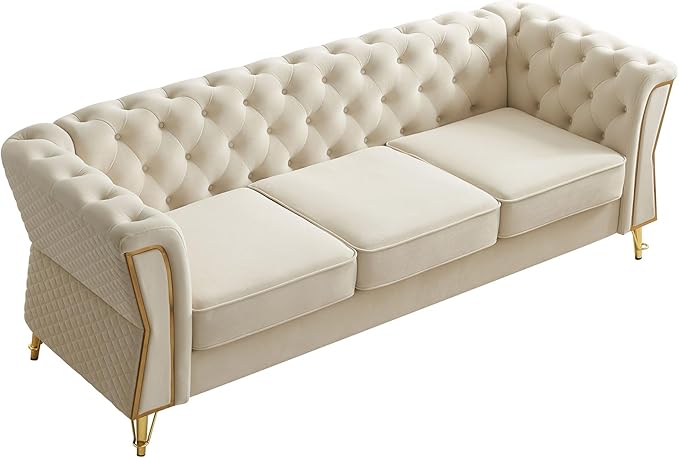 KEIKI 87" Chesterfield Velvet Button Tufted Sofa with High Density Foam Cushions, Modern Style 3-Seater Couch with Gold Strip Trim Decoration, Easy Assembly, for Apartment, Living Room, Office, Beige