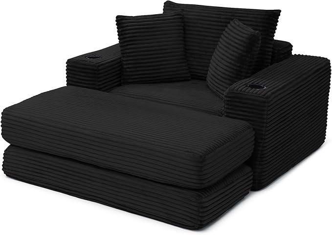 Eafurn 52.4" Oversized Chaise Lounge Indoor with Foldable Ottoman Convertible Boneless Sleeper Sofa Bed, Deep Seat Lounge Chair with Cup Holder & Side Pocket, No Assembly for Living Room | Breathable material, Cupholders