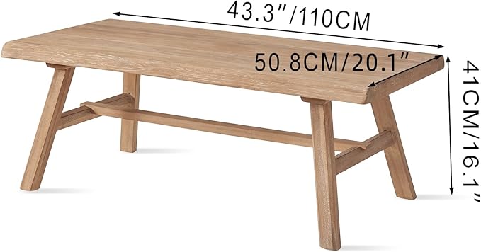 Wnutrees 43" Farmhouse Solid Wood Coffee Table, Rustic Rectangular Center Table for Living Room, Natural