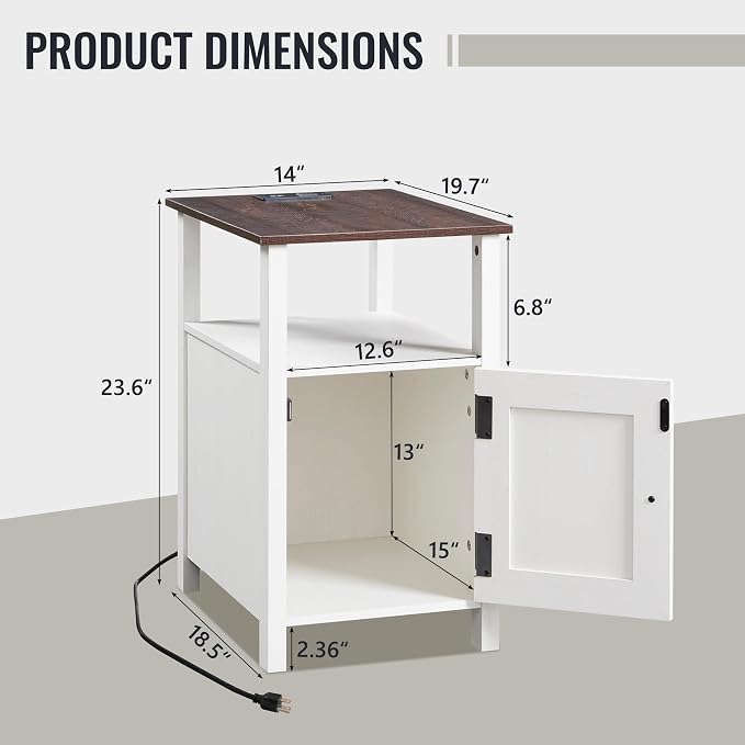 IFBUY Farmhouse Nightstands Set of 2, Narrow Bedside Table with Charging Station, Night Stand Set 2 with Storage & Open Shelf, End Tables w/Groove Barn Door for Bedroom, Living Room-Antique White - Image 3
