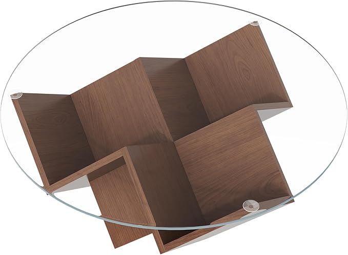 Harper & Bright Designs The Round Coffee Table with Glass Top and Geometric Abstract Art Deco Base Storage Shelves, Walnut, 35.4"
