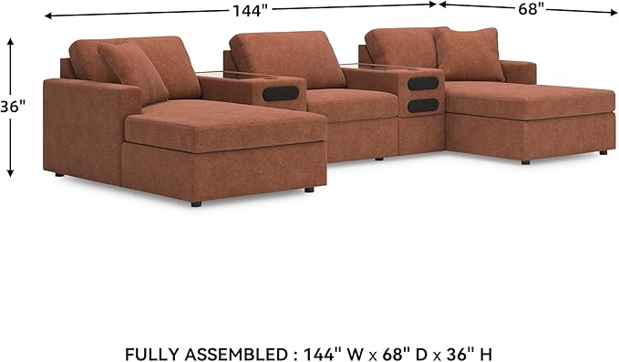 Signature Design by Ashley Modern Modmax Stain Resistant U-Shape Symmetrical 5-Piece Double Chaise with Audio Consoles and Reversible Cushion, Orange