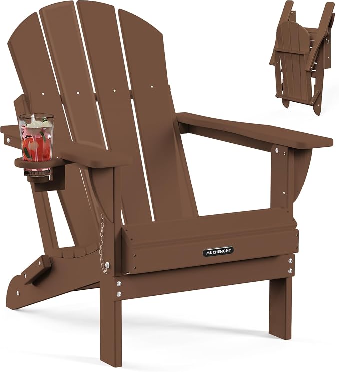 MUCHENGHY Folding Adirondack Chairs, Patio Chairs, Lawn Chairs, Outdoor Chair, Adirondack Chair Plastic, Fire Pit, Weather Resistant with Cup Holder for Deck, Backyard, Garden(Brown) by MUCHENGHY