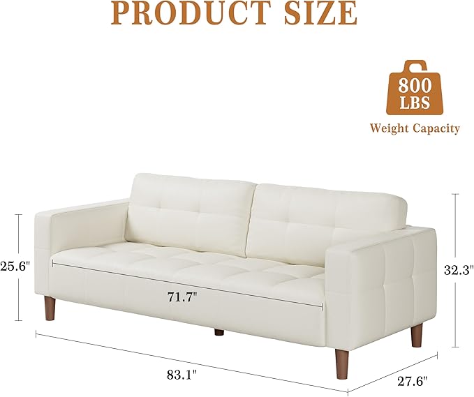 GarveeHome 3-Seater Sofa Couch, 83 in Wide Faux Leather Sofa Couch with Spring Cushion, Modern Sofa with Deep Seats and 2 Removable Back Cushions, for Living Room, Bedroom, Apartment, Office, Beige