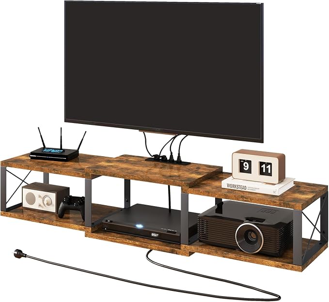 IBUYKE Floating TV Stand with Power Outlet,Wall-Mounted Floating Stand for TVs up to 55",Metal Entertainment Center,Wall Mounted TV Shelf with Storage for Living Room Bedroom,Rustic Brown UWST011H - Image 9