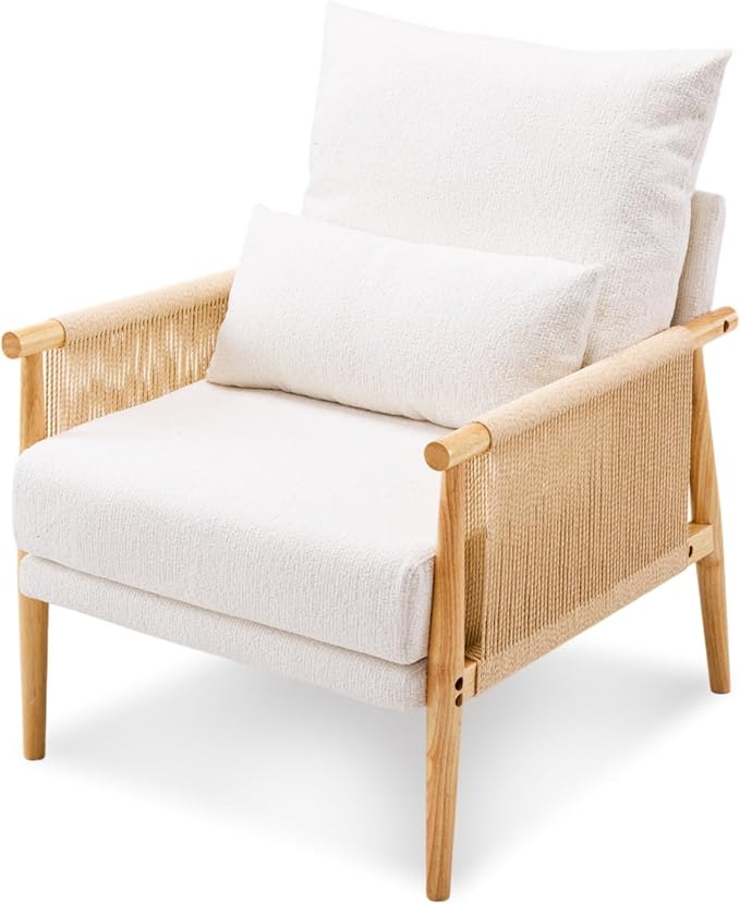 VINGLI Boho Braid Accent Armchair,Mid-Century Modern Chiar with Solid Wooden Armrest,Comfy Louge Cushion Chair with Waist Pillow for Bedroom,Living Room,Reading Room, Beige
