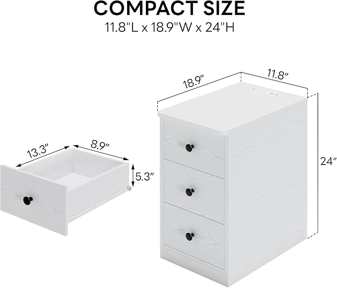 LIKIMIO Nightstand with Charging Station, Narrow Bedside Table with 3 Drawers, End Table with USB Ports and Outlets, Side Table for Living Room/Bedroom Modern - Image 3