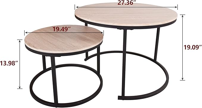 HOJINLINERO Round Coffee Table,Nesting Coffee Table Set of 2,Center Tables for Living Room,Office, Home Small Space,Stacking Side Tables,Sturdy and Easy Assembly,Wood Desktop,Black+Teak OAKDK,Large