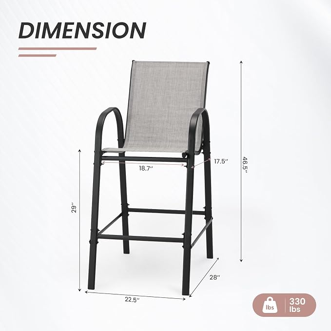 HOMREST Outdoor Bar Height Stools Set of 8,High Back Patio Chairs with Armrests,Textilene Chairs with Breathable Fabric & Metal Frame for All Weather,Light Grey - Image 3