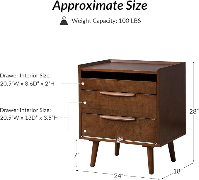 HULALA HOME 2 Drawer End Table with Pull-Out Shelf, Mid-Century Modern End Tables with Wood Legs, Wood Side Table with Charging Station(Walnut) - Image 2