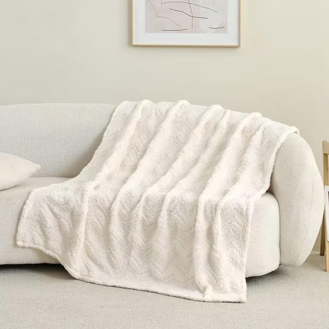 3 Layer Jacquard Throw Blanket - 50x70 Inch Soft Fleece with Wave Pattern, Beige Plush Cozy Blanket for Sofa, Couch, Bed & Chair, All Season Decorative Blanket for Living Room & Bedroom
