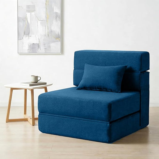 Folding Sofa Bed with Pillow- Convertible Chair Floor Couch & Sleeping Mattress, Foldable Memory Foam Sleeper for Living Room/Dorm/Loft, Single26 Width, Indigo