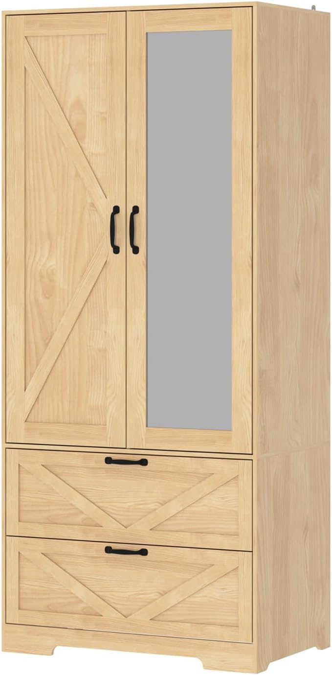 31.5" Natural Wood Finish 2-Door Wardrobe with Mirror, Modern Closet with 2 Drawers, Geometric Design Storage Cabinet for Bedroom
