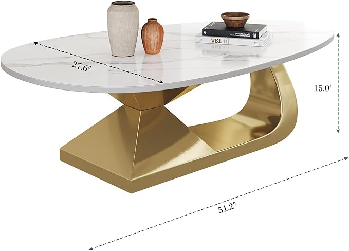Glintee 51.2" Oval Coffee Table with Marble Top, Gold Stainless Steel Base, Scratch & Heat Resistant, Modern Living Room Centerpiece.