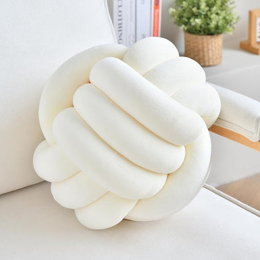 LUSJNGE Decorative Throw Knot Pillow Ball for Home Chair Sofa Aesthetic Round Velvet Knotted Pillow Cushion (Milky White, 11 inches)