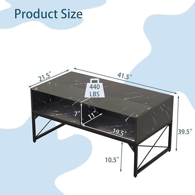 Tangkula LED Coffee Table, High Glossy Center Table with 4 Storage Cubes, Faux Marble & Tempered Glass Top, Adjustable Light Colors, Remote Control, Modern Cocktail Table for Living Room (Black)