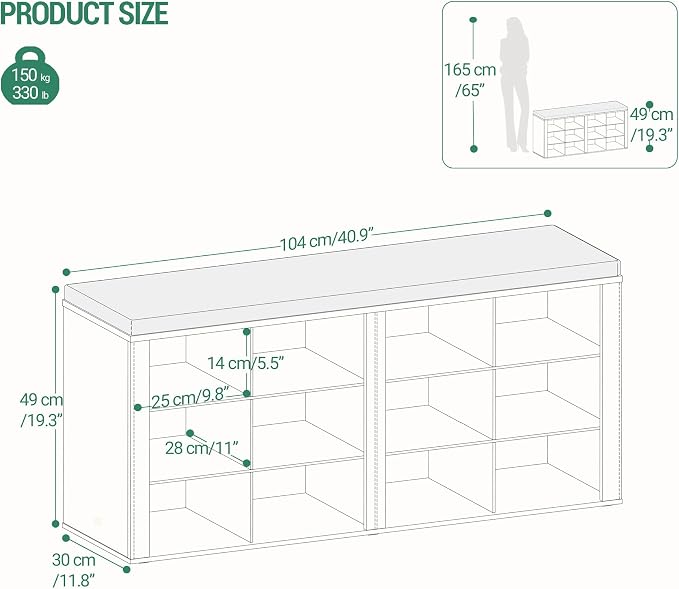 Hzuaneri Shoe Bench with Cushion, Entryway Storage Bench with 12 Cubbies, Cubby Shoe Rack with Adjustable Shelves, Shoe Organizer Cabinet for Living Room, Bedroom, Entryway, White SB19003GY - Image 3