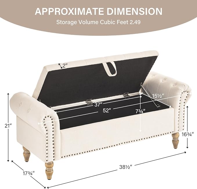 Furnimart Storage Bedroom Bench for End of Bed, Faux Linen Upholstered Storage Ottoman with Rolled Arms for Bedroom,Living Room, Entryway, 2.5Cubic Feet - Image 2
