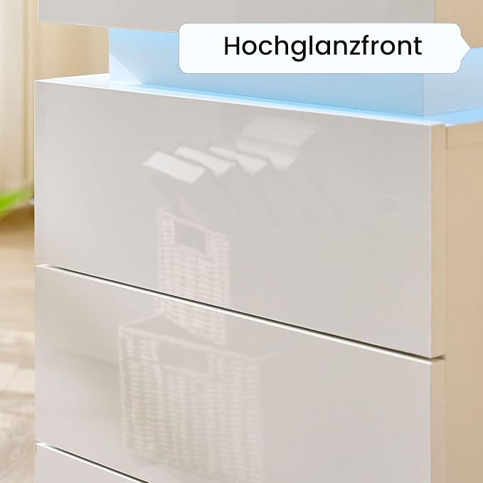 CLIPOP Modern Nightstand, LED Night Stand with 3 High Gloss Chest of Drawers, Bedside Table Cabinet with Remote Control Lights, Wood Matte Nightstand 21.6" Tall Bedroom Furniture, White - Image 5