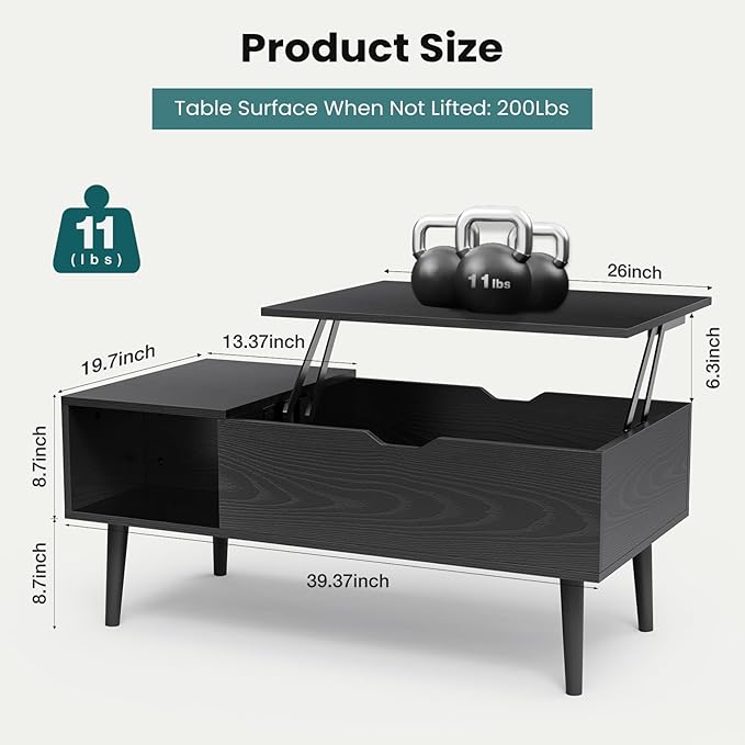 NEWBULIG Lift Top Coffee Table with Storage, Wooden Coffee Table for Living Room, Hidden Compartment & Open Shelf, Small Space Center Table, Black