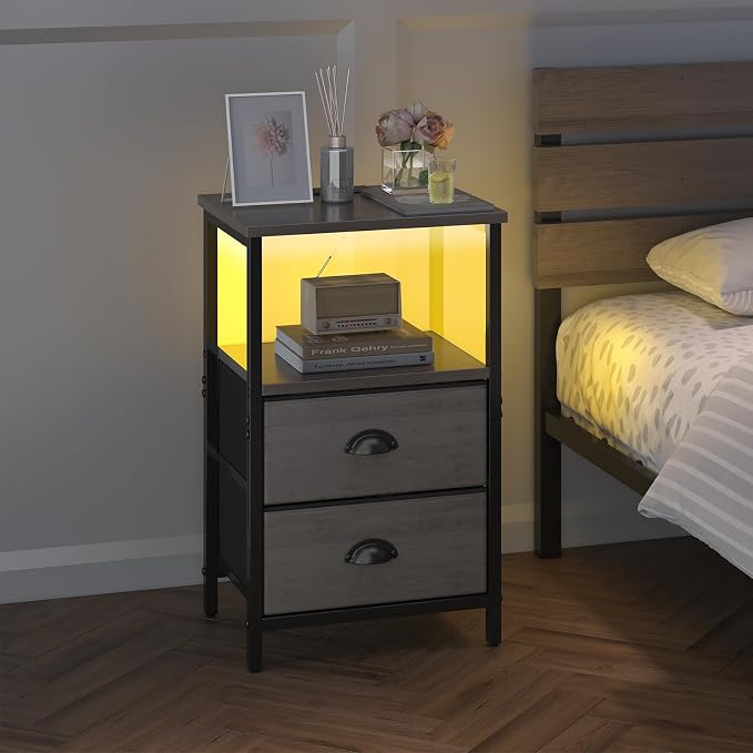 sthmec Nightstand with Charging Station, LED Night Stand with 2 Fabric Drawers, Grey Bedside Tables End Table with Drawers, 2-Tier Storage Side Table Nightstand with Drawers for Bedroom, Grey - Image 7