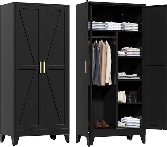 LCAOPC 71" Tall Metal Wardrobe Closet with Adjustable Shelves and Hanging Rod, 2 Doors Office Storage Locker Cabinet for Home, Office, Bedroom, Laundry Room, Black