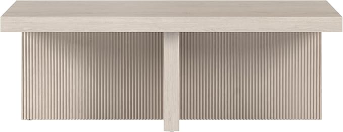 Henn&Hart 44" Fluted Rectangular Wood Pedestal Low-Profile Coffee Table with Ribbed Pedestal Base for Living Room, Family Room or Office, Beech White