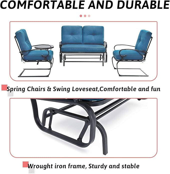 SOLAURA 4-Piece Outdoor Furniture Patio Conversation Sets Swing Glider Loveseat and Spring Lounge Chairs with Side Table for Garden, Deck, Balcony, Poolside, Lawns (Peacock Blue)