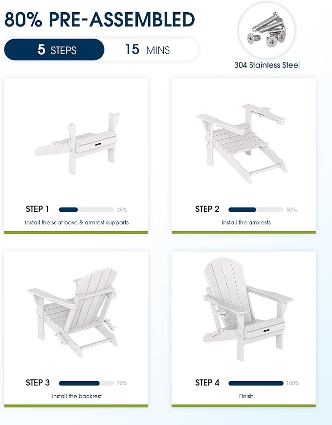 MUCHENGHY Folding Adirondack Chairs, Patio Chairs, Lawn Chairs, Outdoor Chairs, Adirondack Chair Plastic, Fire Pit Chairs, Weather Resistant with Cup Holder for Deck, Backyard, Garden(White) - Image 5