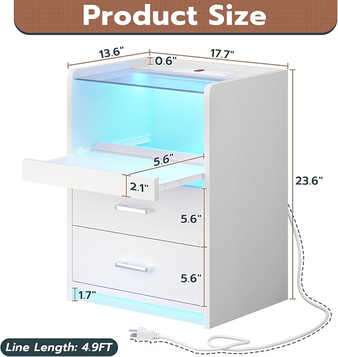VIAGDO White Nightstand Set of 2 with Charging Station and LED Lights, 2 Drawers LED Night Stand with Tempered Glass Tabletop, Modern End Side Tables with Pull-Out Tray, Open Storage Bedside Tables - Image 3