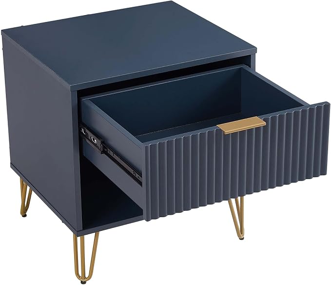 Manhattan Comfort Dumbo Fluted Nightstand with Drawer and Open Shelf, Gold Hairpin Legs and Metal Handle, Snap Tool-Free Assembly, Modern Bedside Accent Table for Bedroom, Living Room in Midnight Blue - Image 7