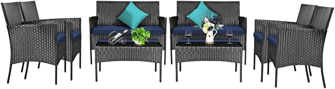 8 Pieces Patio Furniture Set, Outdoor Conversation Set with Ergonomic Curved Backrest, Patio Chair Set with Water-Resistant Cushion & Tempered Glass Table for Balcony, Porch (Navy Blue)