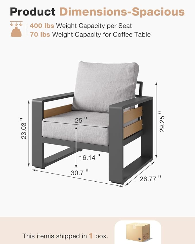 Aoxun Aluminum Patio Furniture Set, 2 Piece Luxury Outdoor Sectional with 6" Olefin Fabric Cushions, Patio Conversation Sets with Coffee Table Outdoor Sofas for Backyard, Porch Light Grey