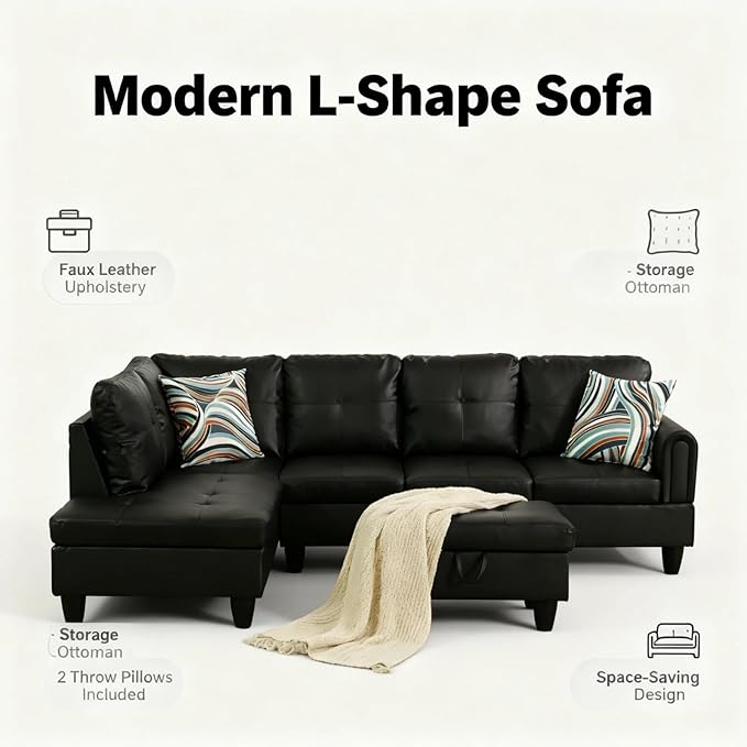 L-Shape Sofa with Storage Ottoman, 3-Piece Faux Leather Sectional Sofa Set, Modern Living Room Couch with Chaise Lounge, Tufted Upholstered Sofa Set for Apartment Living Room, Black