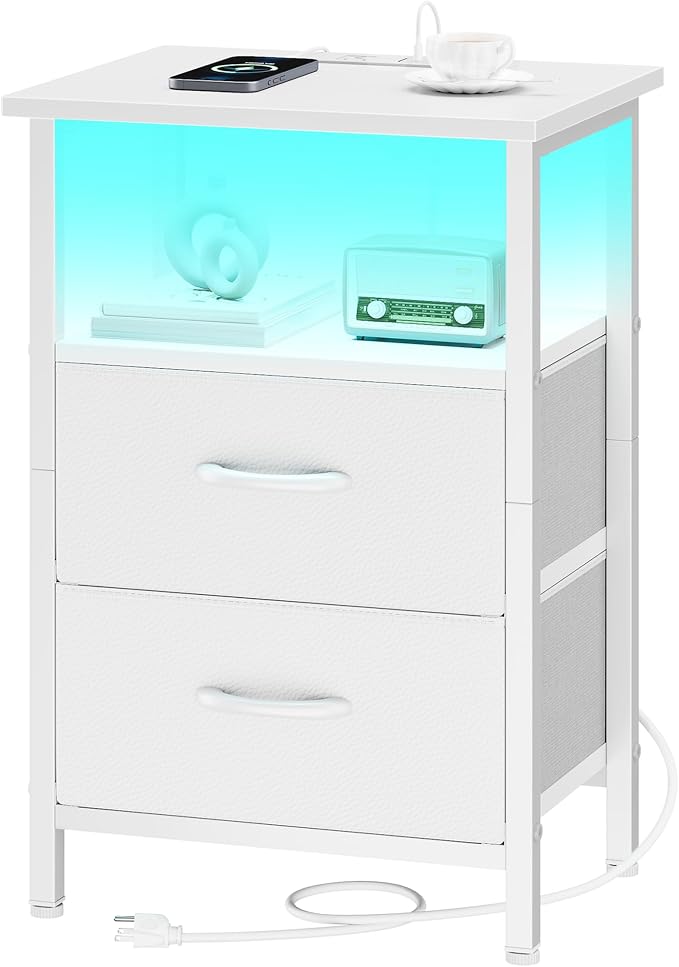 Vagusicc White Night Stand with Charger Station, LED Nightstand with 2 Fabric Drawers, Bedside Table with USB Ports and Outlets, Bed Side Tables with Storage Shelf, 24.2" Tall Nightstand for Bedroom by Vagusicc