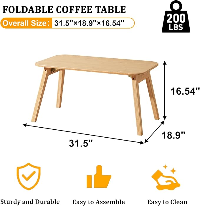 Coffee Table Foldable Mid Century Desk TV Stand with Open Storage Shelf Center Table for Living Room Furniture RV No Assembly, Natural (31.5IN)