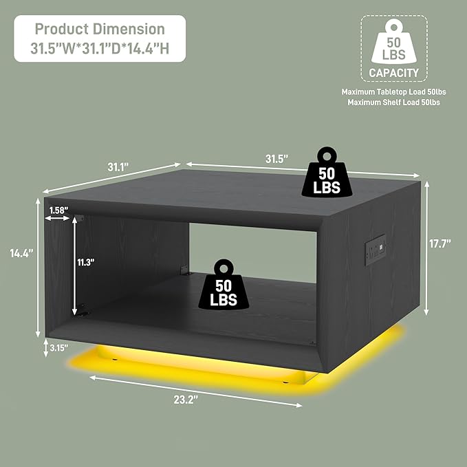 32" Mid Century Modern Coffee Table for Living Room, Square Center Table with LED Light & Power Outlet, Cocktail Table with Storage, 2-Tier Minimalist, Deep Beveled Edge, Wood Thick Design, Black