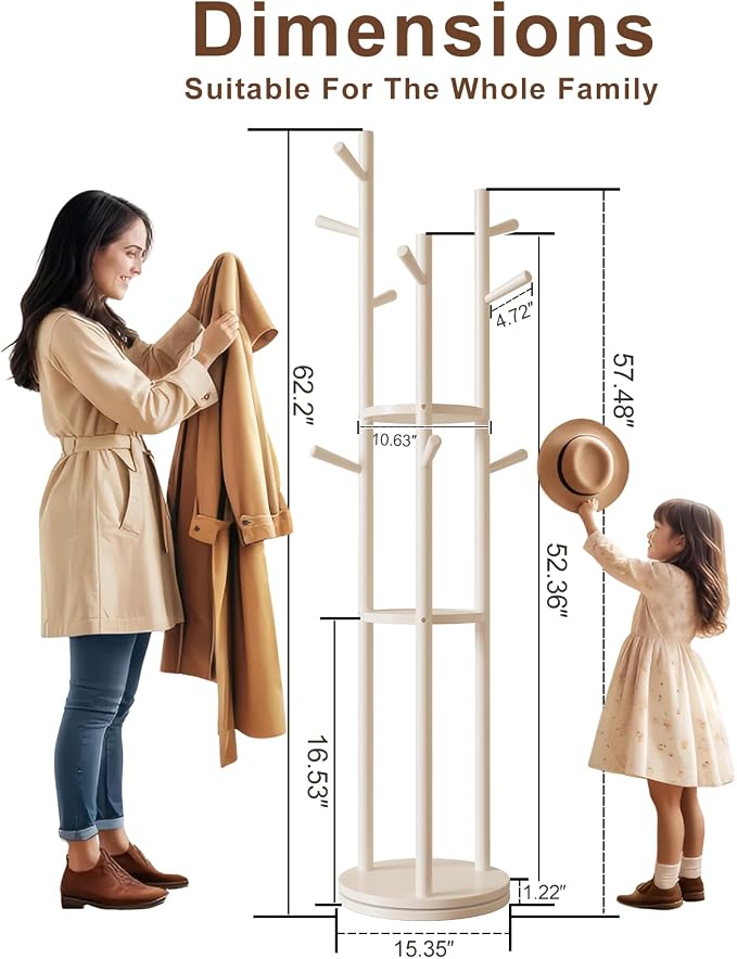 Muwuele Solid Wood Rotary Coat Rack, Freestanding Coat Rack with 3 Shelves and 9 Hooks, Coat tree for Bedroom, Entryway, Livingroom, Coat Hanger Stand for Coats, Scarves, Handbags (White) - Image 4