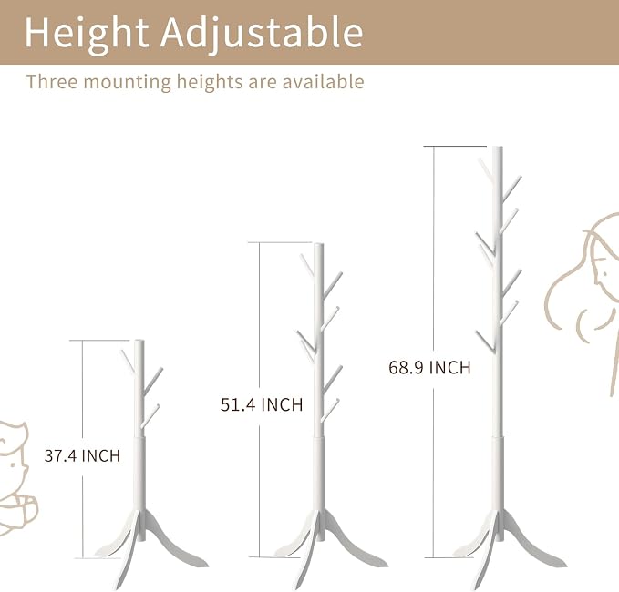 Coat Rack Freestanding, Coat Stands Entryway, Bamboo Coat Rack Hat Hanger 8 Hook for Jacket, Purse, Scarf Rack, Umbrella Tree Stand (White) - Image 4
